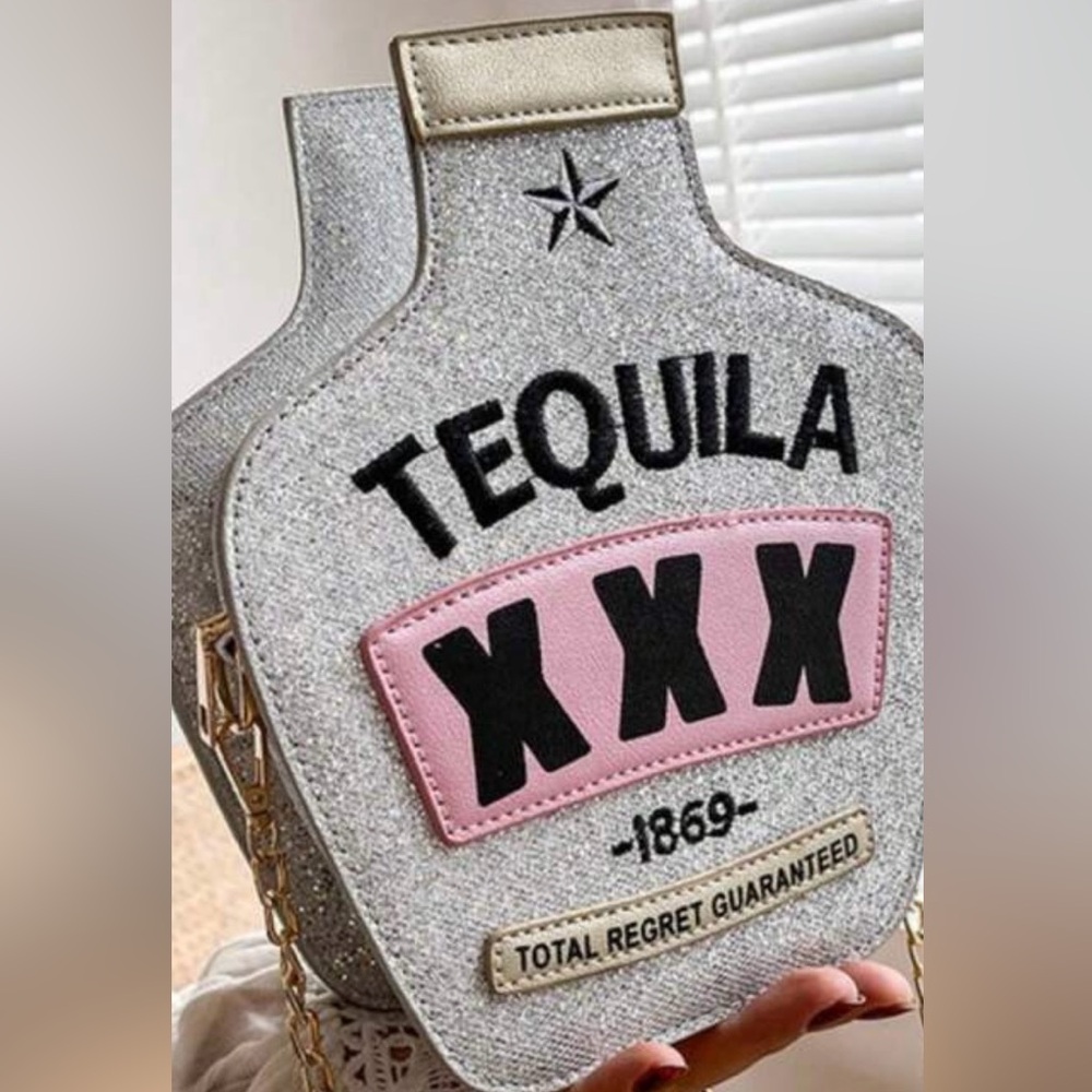 Stylish Tequila Bottle Crossbody Bag in Gray and Pink